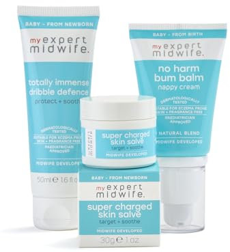 My Expert Midwife Newborn Baby Mega Mild Skin Saviours Kit | Clean Natural Ingredients | Suitable for Sensitive Skin + Fragrance Free | Set of 3 with Baby Nappy Cream, Skin Salve, Dribble Defence