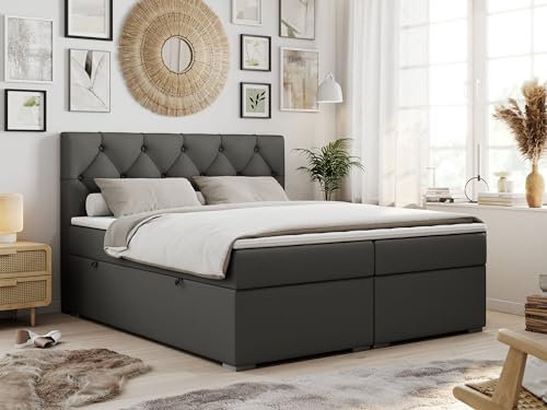 MKS MEBLE Boxspringbett 160x200 cm mit Matratze und Topper T25, Boxspringbett mit Bettkasten und Kopfteil - Alda - H4 Dunkelgrau Kunstleder