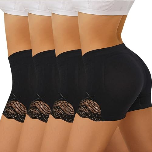 FINETOO 4er Pack Damen Boxershort Slips Push up Unterwäsche Weich Slip Sexy Panties Atmungsaktive Unterhosen Hipster Frauen Mehrpack S-L Black*4,S