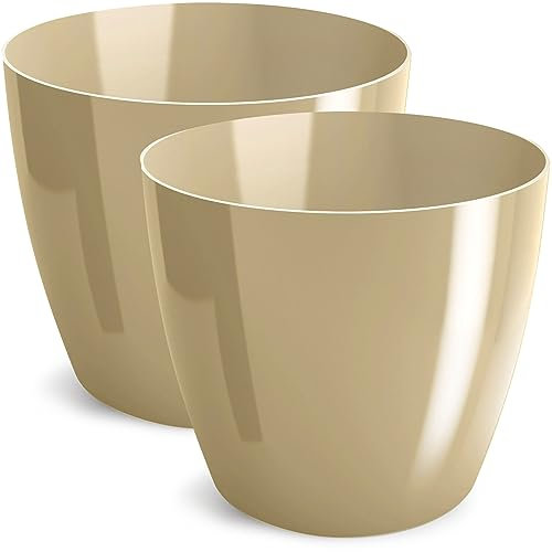 PECZEKO Blumentopf glänzender, Pflanzkübel aus Übertopf Kunststoff Dekorativer Topf für, groß und Klein Pflanzen, 2er-Set blumenkübel, blumenkübel kräutertopf, (2 Pack) Beige, ø 12 cm