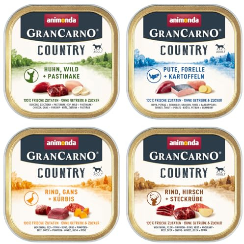Animonda GranCarno Country 150g (Bundle) | 12 oder 24 Schalen-Mix mit garantiert 4 verschiedenen Sorten | getreidefreies Nassfutter für Hunde (24x 150g)