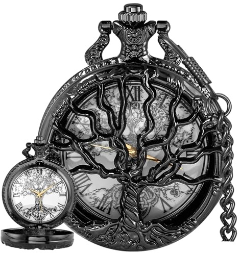 Tiong Pocket Watch Hollow Tree Design Roman Numerals Quartz with Chain Birthday Gifts(Black)