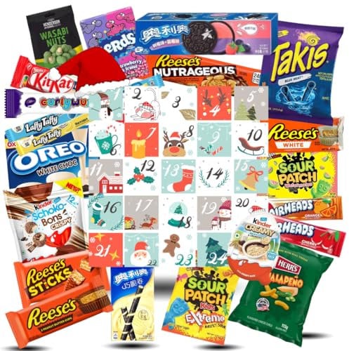 Adventskalender Internationale Premium Süßigkeiten mit 24 unwiderstehlichen Leckereien Schokolade Gummibärchen