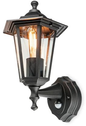 HOFTRONIC - Huron LED Wandleuchte mit Bewegungsmelder Klassisch E27 - IP44 Wasserdicht - Außenlampe 120° Sensor - Schwarz Aluminium - Außenwandleuchte - Haustürlampe
