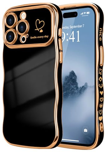 LCHULLE Kompatibel mit iPhone 15 Pro Hülle Liebesherz Mädchen Handyhülle Wellen Lockige Form mit erhoben Kameraschutz Luxus Galvanisierte Schutzhülle Girls Case für iPhone 15 Pro Schwarz