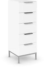 Rauch Möbel Flipp, schmale Hochkommode mit viel Stauraum für Flur, Wohnzimmer, Schlafzimmer, mit Metallkufe chrom, Alpinweiß, 5 Schubkästen, Griffe chrom, 40x111x42cm