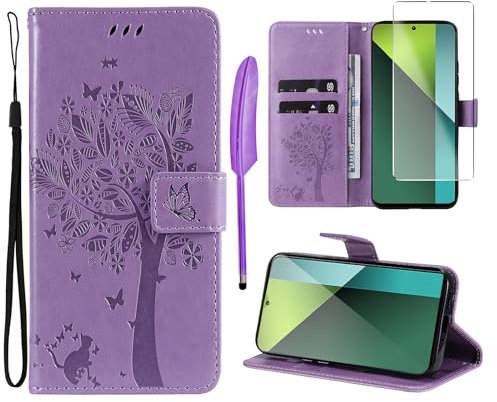 Oududianzi - Cover Xiaomi Redmi Note 13 Pro 5G/Poco X6 5G Libro Flip Custodia Portafoglio Pelle PU Silicone TPU Antiurto [1X Vetro Temperato] [Slot Schede][Chiusura Magnetica][Funzione Stand] - Viola