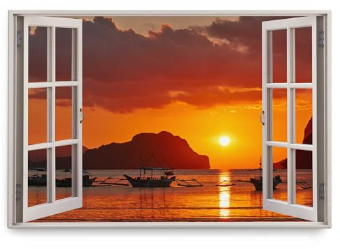Paul Sinus Wandbild 120x80cm Fensterbild Thailand Sonnenuntergang Abendrot Fischerboote Meer