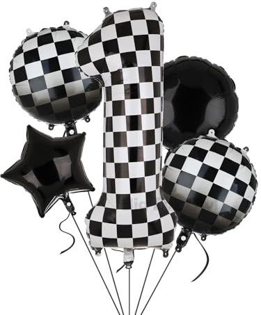 XXL Checkered Zahl 1 Folienballons Schwarz Weiß Rennauto Ballon 5 Stück Mylar Helium Zahlen 1 Rennwagen Autos Luftballon Party Deko Geburtstags Race Car Theme 100cm