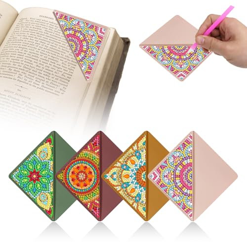 Syunyin 4 Stück Diamond Painting Lesezeichen Mit Zubehör, 5D Diamantmalerei für Erwachsene und Kinder, Bunte Leder Mandala Lotus Bookmark (Mandala A)