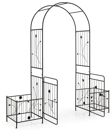 GiantexUK Garden Arch with Gate & Planter Boxes, 2.2M Metal Pergola Trellis Arbour, Rose Vine Climbing Plants Trellis Support Archway for Lawn Patio Wedding Ceremony Party Decoration