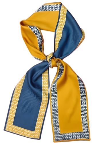 GIMIRO Satin Seidenschal Doppelschichten 150 x 16cm Krawatte Blumen Taillengürtel für Blazer, Mantel, Kleid (46# Yellow - Blue 145x14)