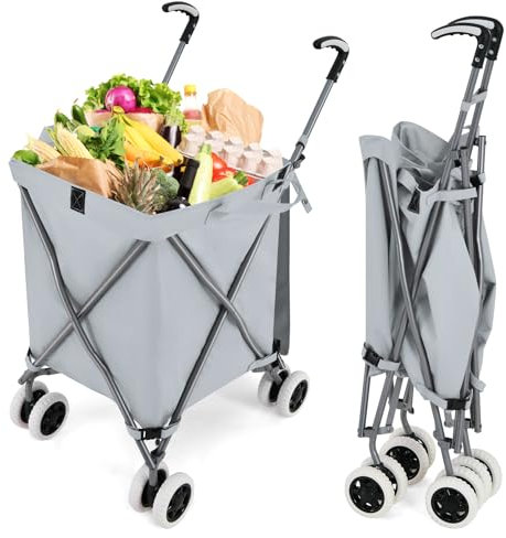 COSTWAY Faltbarer Einkaufstrolley mit Rädern, Kapazität 90 L/55 kg, Handwagen mit Abnehmbarer Oxford-Tasche, Einkaufswagen Klappbar, Trolley Tasche mit Griff, zum Einkaufen, Camping (Grau)
