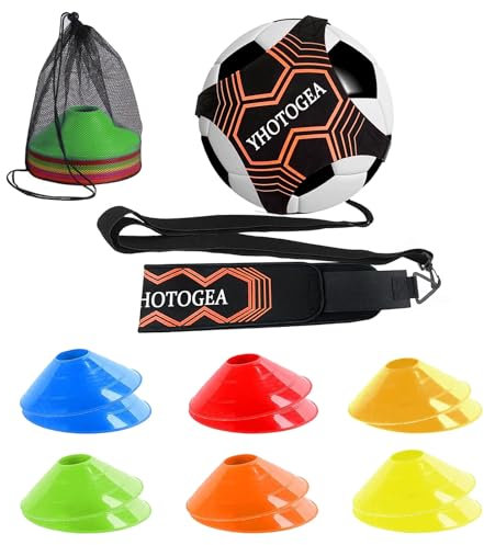 YHOTOGEA Fussball Trainingszubehör, Fussballtrainer und 12 Hütchen, Fußball Geschenke Jungen, Kinder und Erwachsene, Verstellbarem Taillengürtel für Bälle Größe 3/4/5 (Orange)