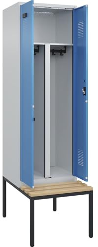 kaiserkraft | Schwarz-Weiß-Spind Evolo Plus Sitzbank | 2 Abteile | Trennwand verkürzt | lichtgrau/lichtblau | B 600 mm | Zylinderschloss | mit untergebauter Sitzbank | Buche