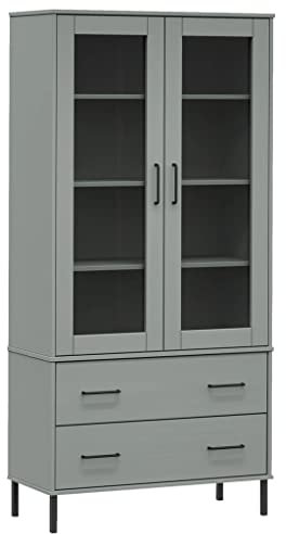 Hommdiy Bücherschrank Oslo Metallbeine Glas Vitrine, Wohnzimmer Vitrine Grau 85x35x172,5 cm Massivholz