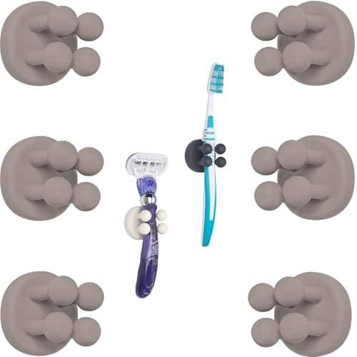 TECBULL® Funny Hooks Zahnbürstenhalter, Rasierer Halter Dusche, Halterung ohne Bohren, Zahnbürstenhalterung selbstklebend (6X Graubraun)