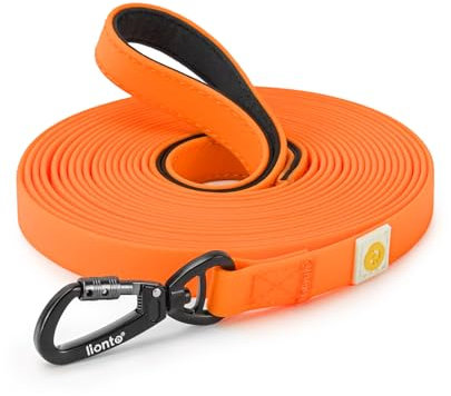 lionto wetterfeste Schleppleine mit 360° Sicherheitskarabiner, 20 m, mit Tasche & gepolsterter Handschlaufe, robuste Hundeleine aus Nylongewebe mit PVC Beschichtung für die Hundeerziehung, orange