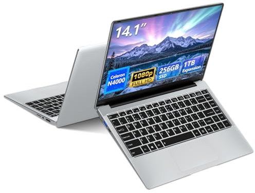 Ekonavi PC Portatile da 14,1 pollici, Notebook Celeron N4000 SSD da 256 GB RAM LPDDR4 da 6 GB, schermo FHD 180°, Laptop con mini-HDMI, 2*USB3.0 Computer PC sottile e leggero color argento