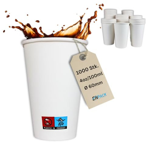 Enpack 1000 Stück Kaffeebecher ohne Deckel - 300ml / 12oz Ø 80mm - Einwegbecher - Hitzebeständige To Go Becher - Recycelbar Einwegbehälter für Kaffee/Tee/Kakao - Getränkebecher- Cup