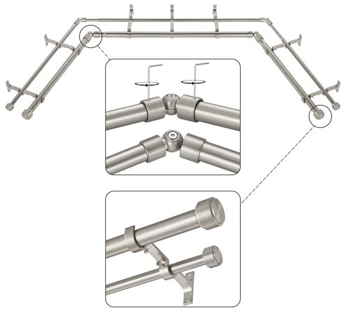 Mayrhyme Brushed Nickel Double Corner Window Curtain Rods with Aluminum End Cap Finials and Brackets,1 Inch Diameter Dual Bay Window Curtain Rods, Adjustable 2 Sided 32-58 and 32-86 Center Double Rod