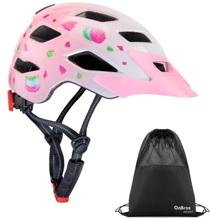 Kids Bike Helmet, OnBros Kid Helmets For Ages 5-8-11-14 Years Boys and Girls, Bicycle Helmets Kids With Visor Adjustable, Bicycle Scooter Skating Cycle Helmet (Pink Macaron-glossy)