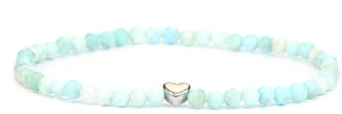 LAKADA Echtes Larimar Edelstein Armband mit facettierten 4mm Perlen und Edelstahlherz Heilstein Schutzstein Edelsteinarmband Glücksbringer Talisman Geschenk (Larimar, 21CM, S)