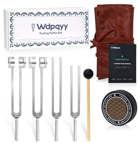 Tuning Forks for Healing(128Hz, 136.1Hz, 256Hz, 384Hz), Weighted & Unweighted Tuning Forks Set with Vegan Leather Pouch & Hockey Puck Activator, Chakra Sound Therapy Instruments