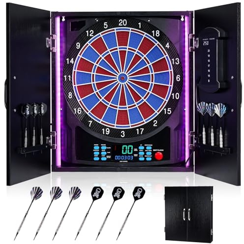 Yirinatek Dartscheibe Elektronisch, Dekoratives Elektronische Dartscheibe Schrank [6 Bronze Soft-Tip Pfeile], Eigene Lichtfarbe for Jeder Spieler, Profi E Dart Scheibe mit Holzschranktüren - Schwarz