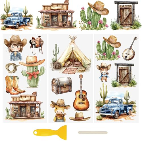 WANDIC 3 Bogen UV DTF Cup Warp Transfer Stickers, Der westliche Cowboy 3D Muster Rub on Aufkleber, Wasserdicht, Glas, Handarbeiten, Möbel, DIY Kunsthandwerk, Dekorieren für Bastelglas, 15x30 cm