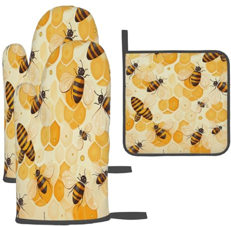 Mexpekil Topflappen und Ofenhandschuhe, niedliche Bienenwaben, Backhandschuhe, Ofenhandschuhe und hitzebeständige Matte zum Kochen, Grillen, Grillen, Küchenzubehör