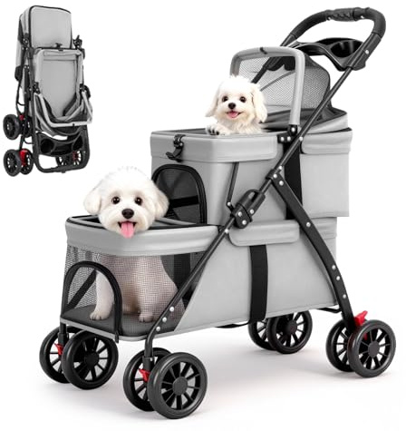 Double Pet Stroller for Small Cats and Dogs, Dog Stroller Layers, One Hand Folding 2 Tier Trolley, Cup Holder & Lockable 4 Wheels Safety Belt Breathable Mesh Multi-Pet Families Travel Camping Grey