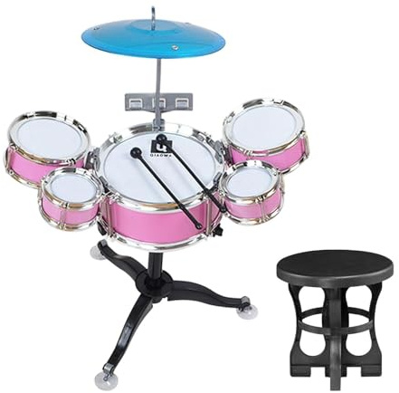 Harilla Batterie pour Enfants débutants de 3 à 6 Ans (garçons et Filles) avec Baguettes, 5 Tambours, Jouet Rythmique, kit de Batterie Jazz pour Enfants, Rose
