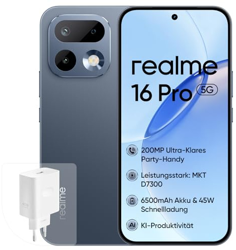 realme 16 Pro 5G Smartphone, 8+512GB, 200MP OIS Kamera, 6500mAh Akku, 6,78 144Hz Flachdisplay, 45W Schnellladung, KI-Funktionen, IP69, Dual-SIM, Grau (mit Netzteil)