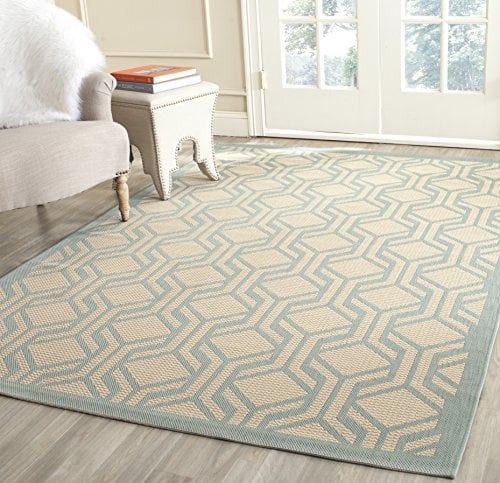 SAFAVIEH Washable Rug Outdoor Courtyard Collection - 6'7 x 9'6, Beige & Aqua Blue, Non-Shedding & Easy Cleaning, Ideal for Patio, Backyard, Mudroom (CY6114-213)