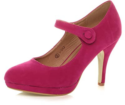 Womens Ladies mid high Heel Mary Jane Strap Evening Court Shoes Pumps, Fuchsia Suede, 5 UK