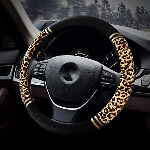 HONCENMAX Prämie Plüsch Weich Fahrzeug Lenkradabdeckung Bequem Winter Auto Lenkradschutz Universal Durchmesser 38cm (15 ) Leopard-Druck
