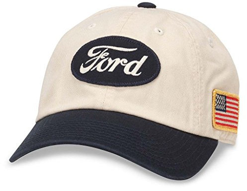 AMERICAN NEEDLE United Slouch Ford Curved Brim Patch Baseball Hat (FORD-1710A) Ivory-Navy