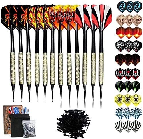 Dartpfeile mit Kunststoffspitze, 12 Stück Soft Dartpfeile Set für Elektronische Dartscheibe, Sinwind Softdart Pfeile mit 30 zusätzlichen Flights 10 Motive, 100 Kunststoff Dartspitzen Zum Austauschen