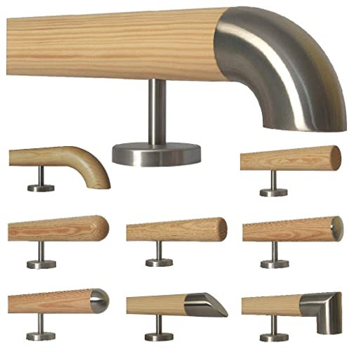 TIBU Kiefer Holz Handlauf Geländer 0,3m - 5m, Länge 80 cm, Ende Edelstahlbogen und 2 gerade Halter