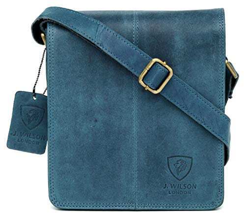 J. Wilson London 100% Pure Genuine Real Vintage Hunter Leather Handmade Mens Leather Flapover Everyday Crossover Shoulder Work Tablet Messenger Bag (Distressed Blue)