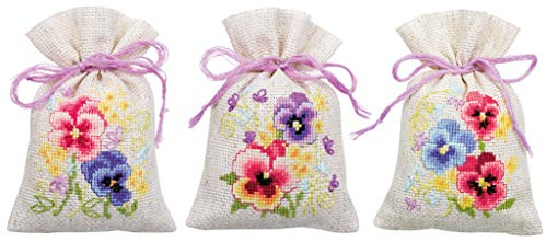 Vervaco Zählmusterpackung Stickset Säckchen Stiefmütterchen 3er DIY Gezählter Kreuzstich Stickpackungen Basteln Erwachsene Kreativ Set 8 x 12 cm Stickset für Anfänger Stoffbeutel zum Sticken