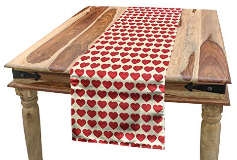 ABAKUHAUS Valentine Tischläufer, Vibrant Red Hearts, Esszimmer Küche Rechteckiger Dekorativer Tischläufer, 40 x 225 cm, Dunkle Koralle Elfenbein