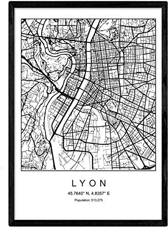 Nacnic Imprimer Carte de la Ville lyonnaise Nordique en Noir et Blanc. Affiche de Format A3 Papier imprimé No 250 GR. Peintures, estampes et Affiches pour Le Salon et Chambre à Coucher