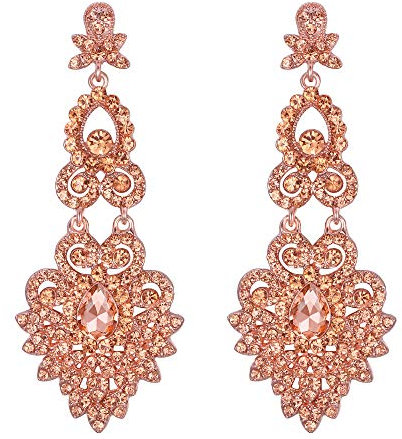 EVER FAITH Orecchini Donna Cristallo Nozze Floreale Foglia Lampadario pendenti Colore Champagne Rose Oro-fondo