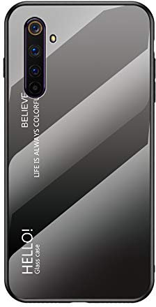 BaiFu Funda para Realme 6 Pro Cubierta de Cristal Degradado de Color Caja de Vidrio Templado Case Cover para Realme 6 Pro (Gris Negro)