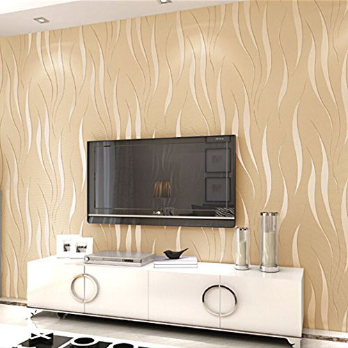 Modern Simple Stylish 3D Stereoscopic Wave Stripes TV Background Living Room Non-Woven Wallpaper Beige Color 0.53m(1.73'W) x 10m(32.8'L)=5.3m2 (57sq.ft)