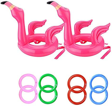 YAAVAAW Inflatable Flamingo Game Ring Toss with 2 Inflatable Flamingos and 8 Rings for Family Luau Pool Party Decor