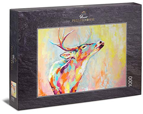 Ulmer Puzzleschmiede - Kunst-Puzzle Bunter Hirsch - Modernes Ölgemälde als Klassisches 1000 Teile Tier-Puzzle - Der Gemalte Hirsch als Abstraktes Motiv