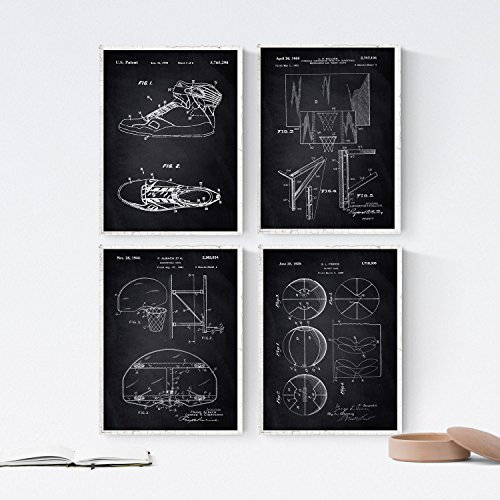Nacnic Schwarz, 4 Poster mit Rahmen, Basketball-Patente, 250 g, Poster-Set mit alten Erfindungen und Patenten, Wählen Sie die Farbe, die Sie lieben